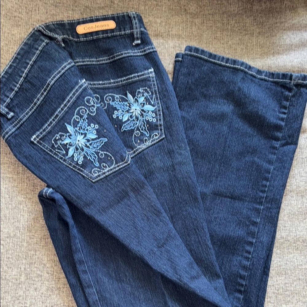 Blue Boot Cut Jeans with Floral Embroidery